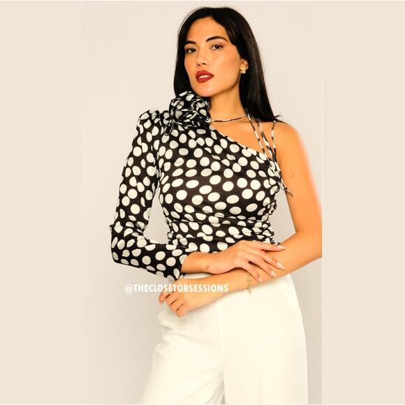 MANGO Asymmetrical Polka Dot Satin Blouse ✨🖤🤍 NWT - Picture 15 of 16
